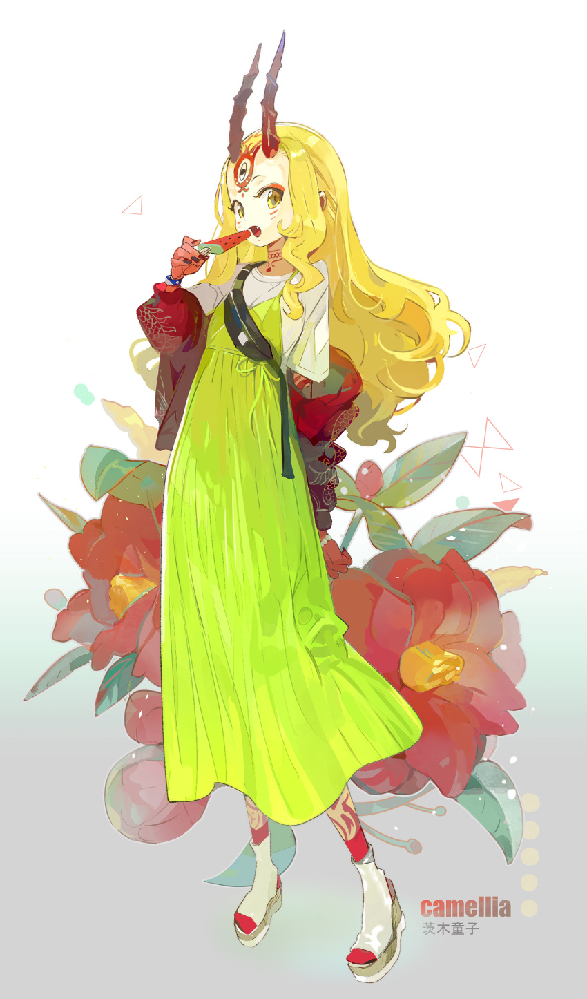 1girl a2ki absurdres blonde_hair breasts camellia dress facial_mark fang fate/grand_order fate_(series) flower food forehead forehead_mark green_dress hair_pulled_back highres horns ibaraki_douji_(fate/grand_order) jacket long_hair long_sleeves looking_at_viewer off_shoulder oni oni_horns open_clothes open_jacket open_mouth popsicle red_jacket shirt short_sleeves small_breasts tattoo white_footwear white_shirt yellow_eyes