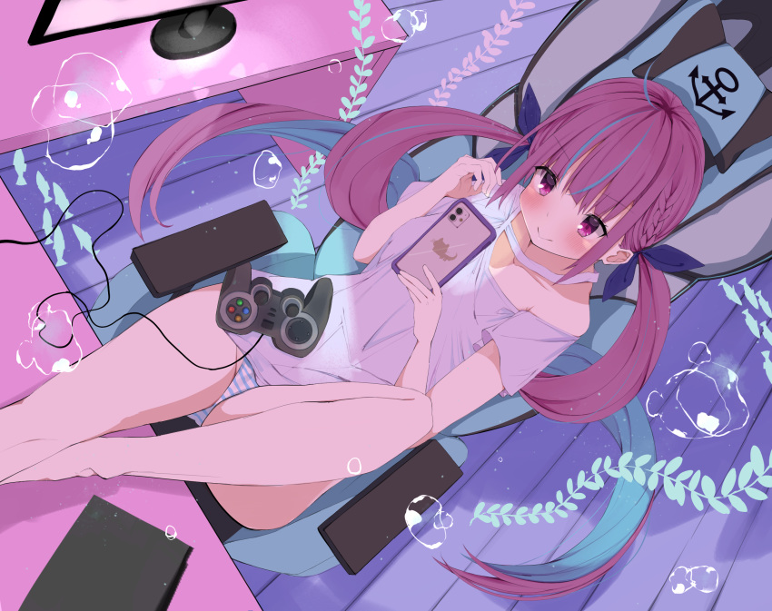 1girl :&gt; ahoge air_bubble aqua_hair bangs bare_arms bare_legs blue_ribbon blush bubble cellphone chair closed_mouth collarbone controller dutch_angle eureka_814 eyebrows_visible_through_hair from_above game_console game_controller hair_ribbon highlights highres hololive indoors knee_up looking_at_phone minato_aqua monitor multicolored_hair panties phone purple_eyes purple_hair reclining ribbon school_of_fish shirt short_sleeves smartphone smile solo striped striped_panties swivel_chair t-shirt underwater underwear virtual_youtuber white_shirt wooden_floor