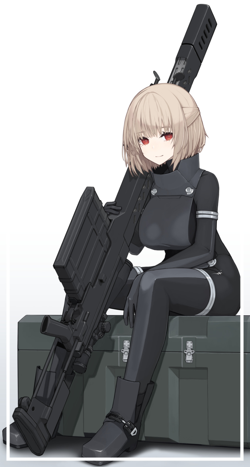 1girl bangs black_bodysuit black_footwear bodysuit boots breasts brown_hair commentary_request eyebrows_visible_through_hair full_body gun highres holding holding_gun holding_weapon large_breasts looking_at_viewer mikoto_(oi_plus) original red_eyes short_hair sitting sniper_scope solo weapon weapon_request white_background