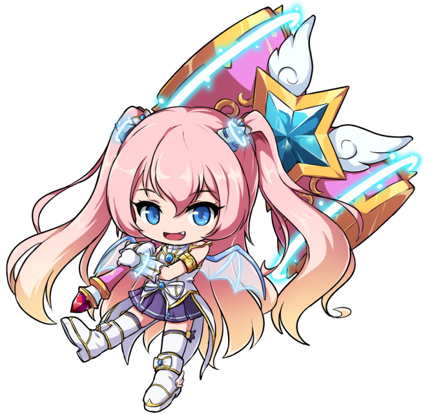 1girl :d angelic_buster bangs bare_shoulders blue_eyes boots brown_hair eyebrows_visible_through_hair fang full_body gloves glowing gradient_hair hair_between_eyes hair_ornament holding holding_hammer long_hair looking_at_viewer maplestory multicolored_hair nekono_rin open_mouth pink_hair pleated_skirt purple_skirt revision shirt skirt sleeveless sleeveless_shirt smile solo star_(symbol) thighhighs thighhighs_under_boots transparent_background transparent_wings two-handed two_side_up very_long_hair white_footwear white_gloves white_legwear white_shirt