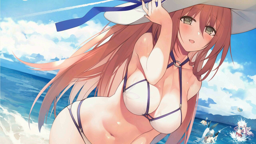 4girls alternate_costume alternate_hairstyle beach blue_sky breasts character_request cleavage cloud cloudy_sky five-seven_(girls_frontline) girls_frontline large_breasts m1903_springfield_(girls_frontline) multiple_girls ntw-20_(girls_frontline) ocean official_art sky swimsuit water_gun