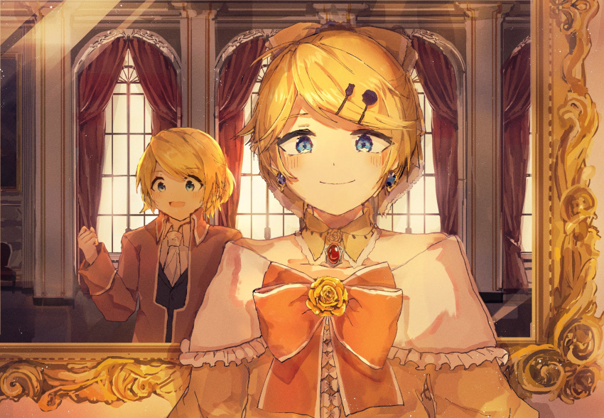 1boy 1girl aku_no_meshitsukai_(vocaloid) allen_avadonia amused androgynous backlighting blonde_hair blue_eyes blush bow brother_and_sister choker collarbone cosplay costume_switch cravat crossdressing curtains dress_bow dress_flower earrings evillious_nendaiki flower frame hair_bow hair_ornament hairclip half-closed_eyes highres jacket jewelry kagamine_len kagamine_rin looking_at_another mirror open_mouth orange_bow orange_jacket reflection riliane_lucifen_d'autriche rose short_ponytail siblings smile twins updo vocaloid window yellow_bow yellow_flower yellow_rose yonikki