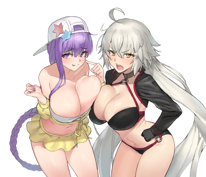 2girls ahoge asymmetrical_hair backwards_hat bangs bare_shoulders baseball_cap bb_(fate)_(all) bb_(swimsuit_mooncancer)_(fate) bikini bikini_top black_bikini black_gloves black_jacket blush braid breast_press breasts choker cleavage closed_mouth collarbone commentary_request cropped_jacket fate/grand_order fate_(series) gloves hands_on_hips hat hat_ornament highres huge_breasts jacket jeanne_d'arc_(alter_swimsuit_berserker) jeanne_d'arc_(fate)_(all) long_hair long_sleeves looking_at_viewer multiple_girls navel o-ring open_mouth purple_eyes purple_hair revision shrug_(clothing) silver_hair simple_background skirt smile star_(symbol) star_hat_ornament swimsuit thighs tongue tongue_out uleuleuleu very_long_hair white_background white_bikini yellow_eyes yellow_jacket yellow_skirt