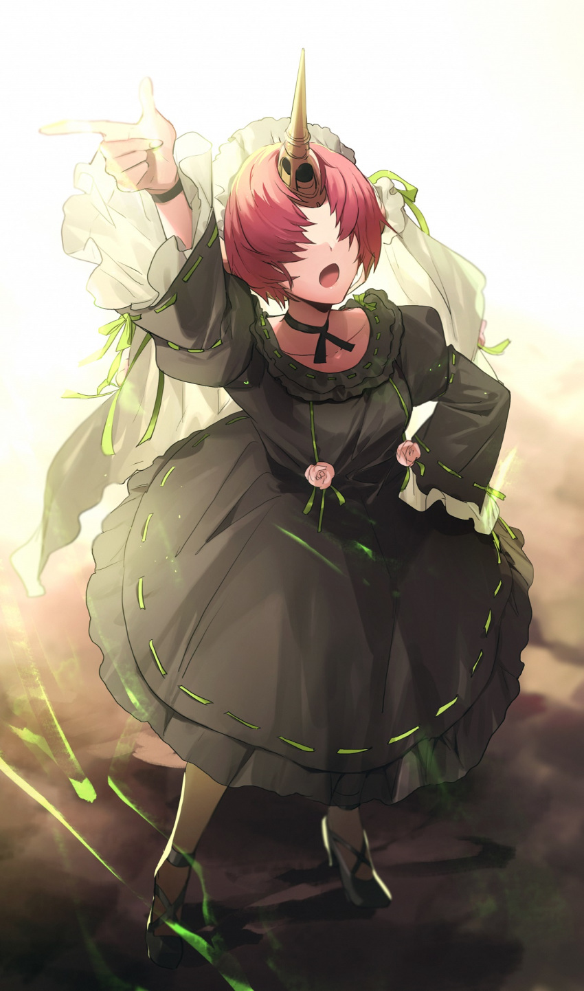 1girl bangs black_dress covered_eyes dress facing_viewer fate/apocrypha fate/grand_order fate_(series) flower frankenstein's_monster_(fate) frilled_dress frills from_above full_body hair_over_eyes hand_on_hip highres horns neck_ribbon no-kan open_mouth pink_hair pointing pointing_up ribbon shoes short_hair single_horn solo sunlight