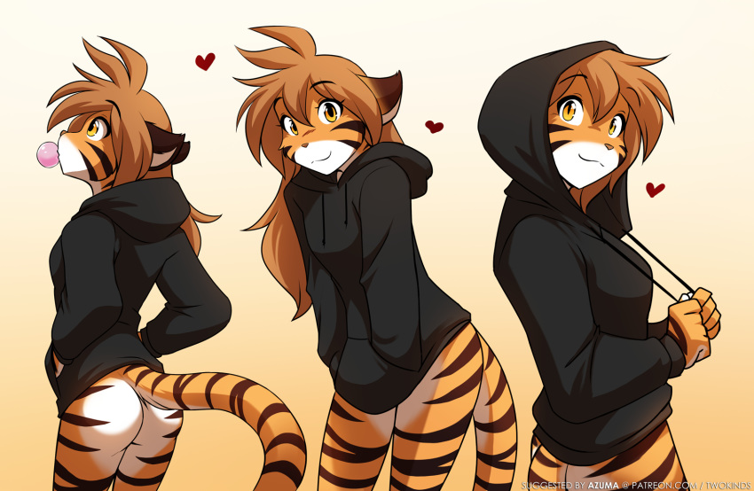 &lt;3 2020 5_fingers amber_eyes anthro black_stripes blowing_bubbles bottomless brown_hair bubble_gum butt butt_pose clothed clothing colored conditional_dnp digital_media_(artwork) dipstick_ears felid female fingers flora_(twokinds) fur gradient_background hair hands_in_pockets hi_res hood hoodie hoodie_only keidran long_hair looking_aside looking_at_viewer mammal multicolored_body multicolored_ears multicolored_fur multiple_poses orange_body orange_fur pantherine pockets portrait pose rear_view simple_background smile solo striped_body striped_fur stripes text three-quarter_portrait tiger tom_fischbach topwear twokinds url webcomic white_body white_fur