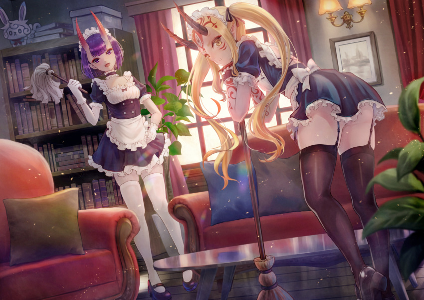 2girls alternate_costume apron ass backlighting bangs black_dress black_footwear black_legwear blonde_hair blush bob_cut bookshelf breasts broom coffee_table collarbone couch curtains cushion dress duster enmaided eyeliner facial_mark fang fang_out fangs fate/grand_order fate_(series) forehead forehead_mark fou_(fate/grand_order) frills garter_straps gloves hair_pulled_back highres horns ibaraki_douji_(fate/grand_order) long_hair looking_at_viewer maid maid_headdress makeup multiple_girls oni oni_horns open_mouth picture_frame plant pointy_ears potted_plant puffy_short_sleeves puffy_sleeves purple_eyes purple_hair revision riyo_(lyomsnpmp)_(style) short_eyebrows short_hair short_sleeves shuten_douji_(fate/grand_order) sidelocks skin-covered_horns small_breasts tattoo thighhighs tsukizaki_shizuka twintails waist_apron white_apron white_gloves white_legwear window wrist_cuffs yellow_eyes