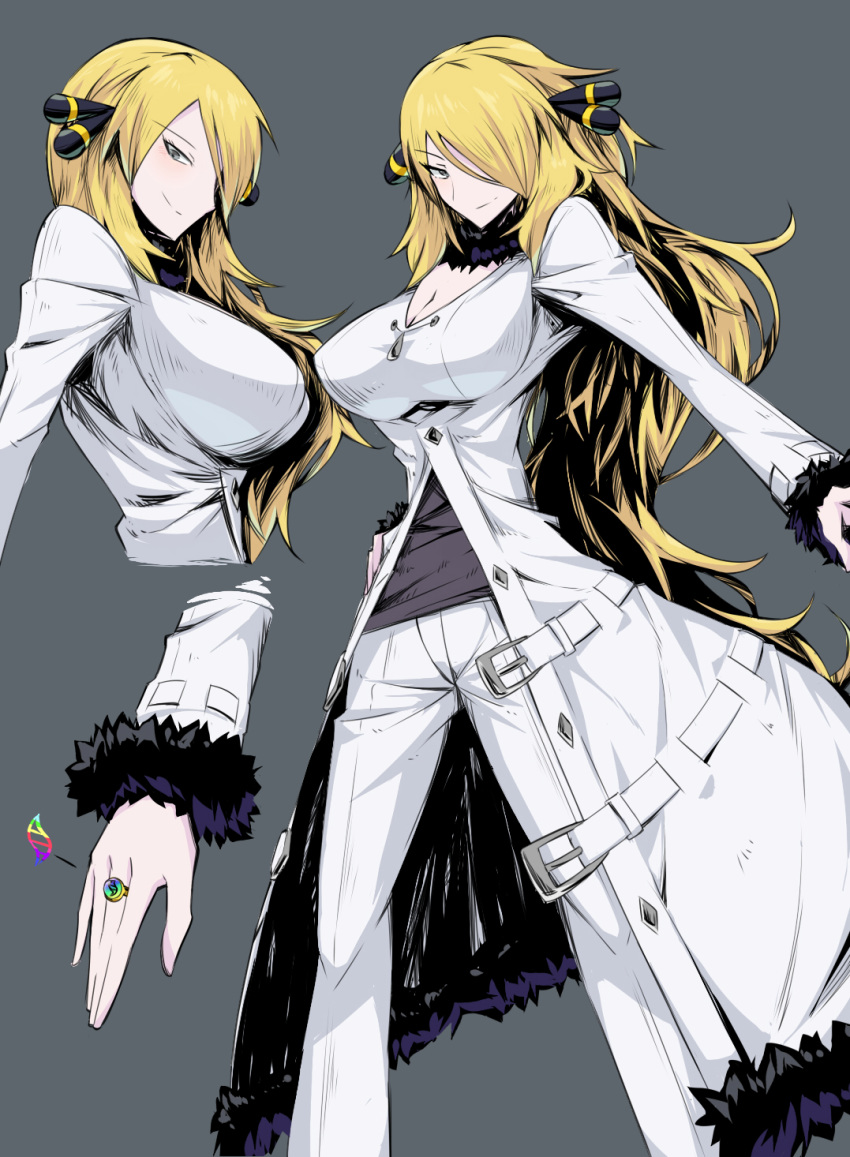 1girl blonde_hair breasts cleavage closed_mouth coat from_side fur_trim grey_shirt hair_over_one_eye highres jewelry large_breasts long_hair pants pokemon pokemon_(game) ring shimure_(460) shirona_(pokemon) shirt smile standing very_long_hair white_coat white_pants