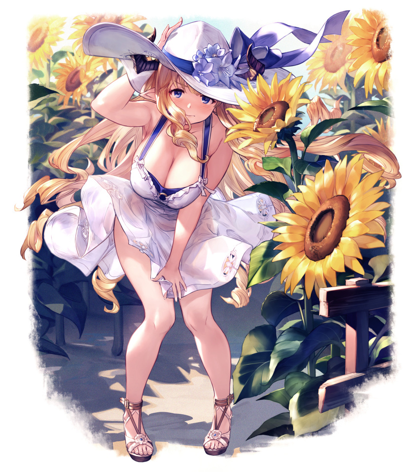 1girl bare_arms bare_shoulders blonde_hair blue_eyes breasts cleavage commentary_request dress dress_lift eyebrows_visible_through_hair fence flower full_body granblue_fantasy hand_on_headwear hat hat_flower hat_ribbon highres horns horns_through_headwear large_breasts leaning_forward long_hair looking_at_viewer pointy_ears rastina ribbon ringlets sandals sidelocks skirt_hold sleeveless sleeveless_dress solo standing sun_hat sundress sunflower u_jie very_long_hair white_dress white_headwear wind wind_lift wooden_fence