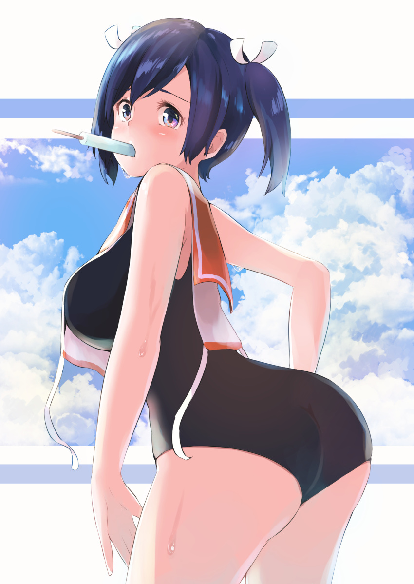 1girl ass blue_hair blue_sky breasts brown_eyes cloud commentary_request cosplay cowboy_shot food highres i-401_(kantai_collection) i-401_(kantai_collection)_(cosplay) kantai_collection large_breasts leaning_forward looking_at_viewer mouth_hold orange_sailor_collar popsicle sailor_collar school_swimsuit shirt side-tie_shirt sky sleeveless sleeveless_shirt solo souryuu_(kantai_collection) swimsuit taisho_(gumiyuki) twintails untied