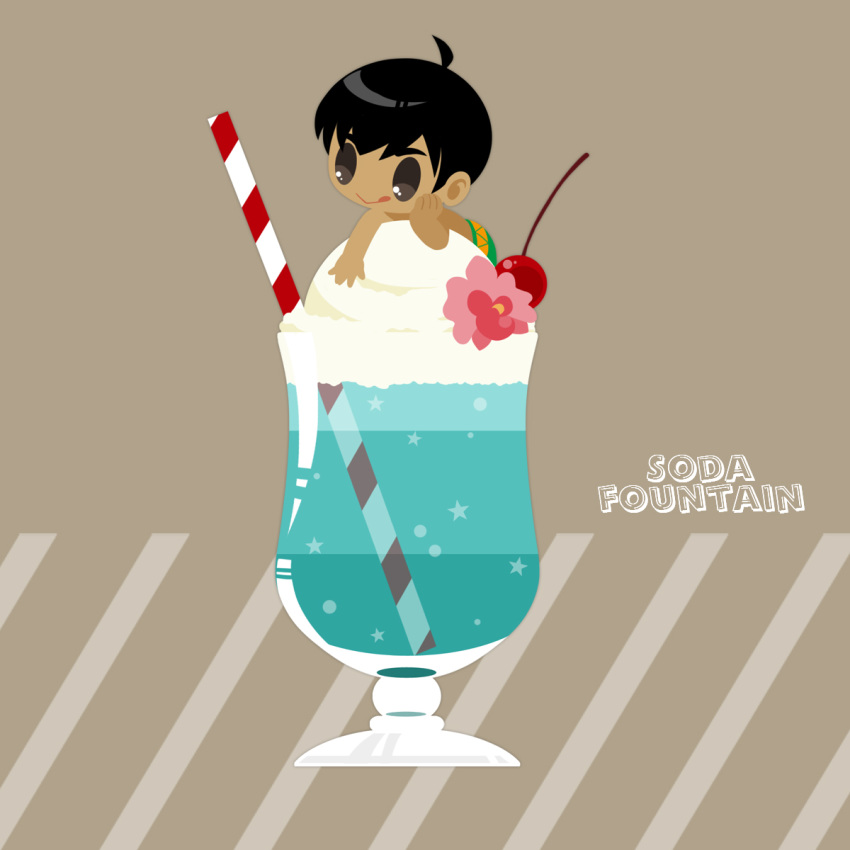 1boy :&gt; :q ahoge black_hair cherry chibi chin_rest cup dark_skin dark_skinned_male drinking_glass drinking_straw english_text flower food fruit grey_eyes highres ice_cream ice_cream_float kaorin_minogue male_focus miniboy phichit_chulanont tongue tongue_out yuri!!!_on_ice