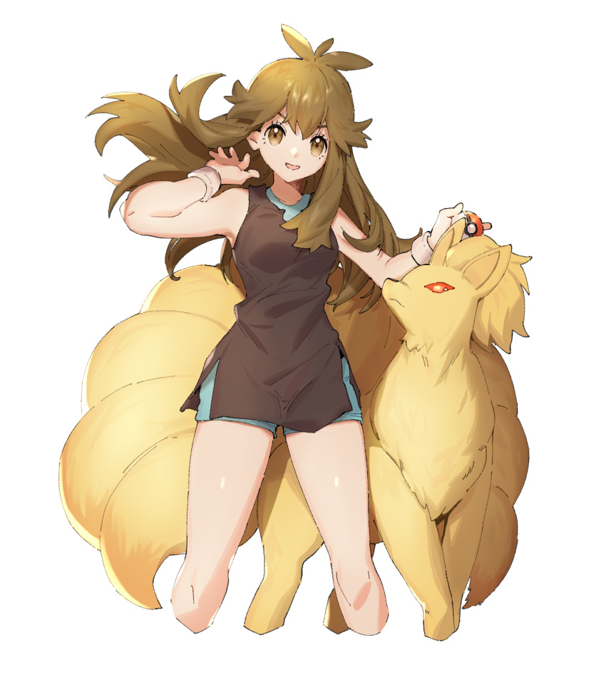 1girl :d ankea_(a-ramo-do) black_dress blue_(pokemon) blue_shorts brown_eyes brown_hair cropped_legs dress floating_hair gen_1_pokemon highres holding holding_poke_ball long_hair looking_at_viewer ninetales open_mouth poke_ball pokemon pokemon_(creature) pokemon_(game) pokemon_frlg red_eyes short_dress short_shorts shorts simple_background sleeveless sleeveless_dress smile solo standing very_long_hair white_background