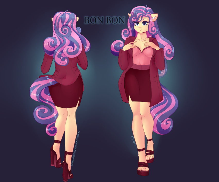 absurd_res anthro big_breasts bonbon_(mlp) bottomwear breasts clothing english_text equid equine female footwear friendship_is_magic hi_res high_heels jewelry mammal my_little_pony necklace shoes skirt solo text xjenn9