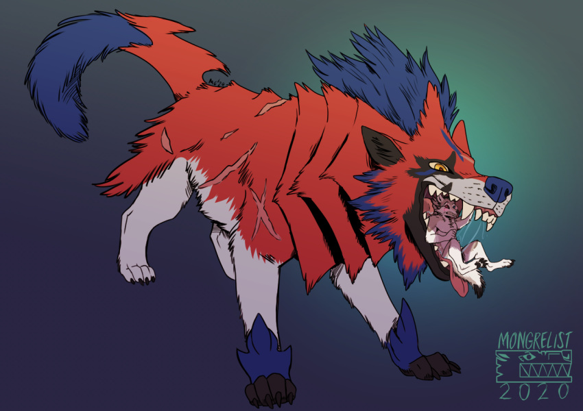 2020 ambiguous_gender ambiguous_pred ambiguous_prey anthro anthro_prey bodily_fluids canid canine canis claws duo feral feral_pred fur green_background hero_of_many_battles_zamazenta legendary_pok&eacute;mon mammal micro mongrelist nematious_(character) nintendo oral_vore paws pok&eacute;mon pok&eacute;mon_(species) red_body red_fur saliva scar sharp_teeth simple_background size_difference teeth tongue video_games vore wolf zamazenta