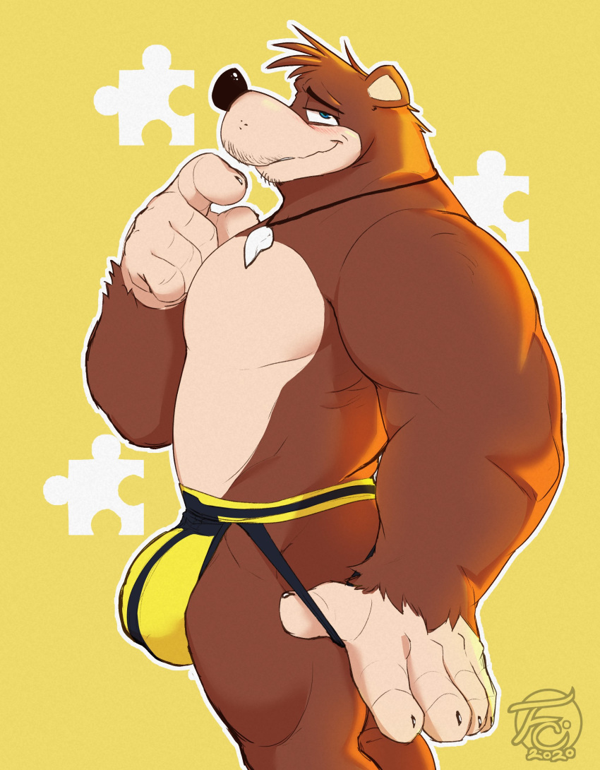 2020 absurd_res anthro banjo-kazooie banjo_(banjo-kazooie) black_nose blush bonicfan123 brown_body brown_fur bulge clothing fur hi_res humanoid_hands jockstrap male mammal rareware solo underwear ursid video_games