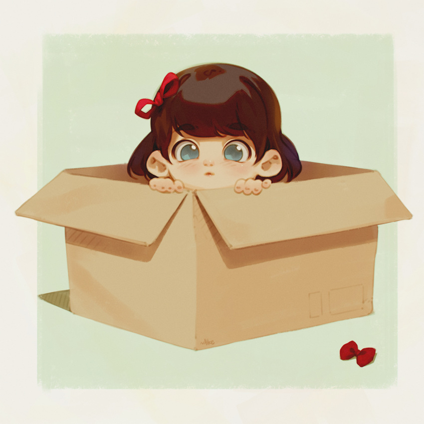 1girl alkemanubis bangs blue_eyes bow bow_removed box brown_hair cardboard_box eyebrows_visible_through_hair hair_bow highres in_box in_container looking_at_viewer original red_bow short_hair solo swept_bangs two-tone_background