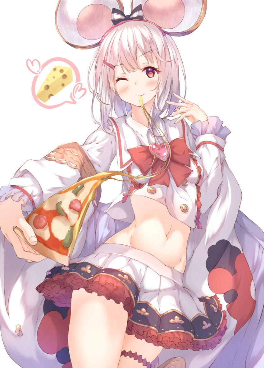 1girl ;) absurdres animal_ears bangs blush bow bowtie breasts buttons cheese collared_shirt commentary_request cowboy_shot crop_top crop_top_overhang eating eyebrows_visible_through_hair fake_animal_ears food frilled_skirt frilled_sleeves frills granblue_fantasy groin hair_ornament hairclip hand_up heart highres holding holding_food long_sleeves looking_at_viewer midriff mouse_ears navel one_eye_closed red_eyes shawl shirt short_hair sidelocks silver_hair simple_background skirt slice_of_pizza small_breasts smile solo spoken_object standing thigh_strap ukiwakisen vikala_(granblue_fantasy) white_background white_shawl white_shirt white_skirt