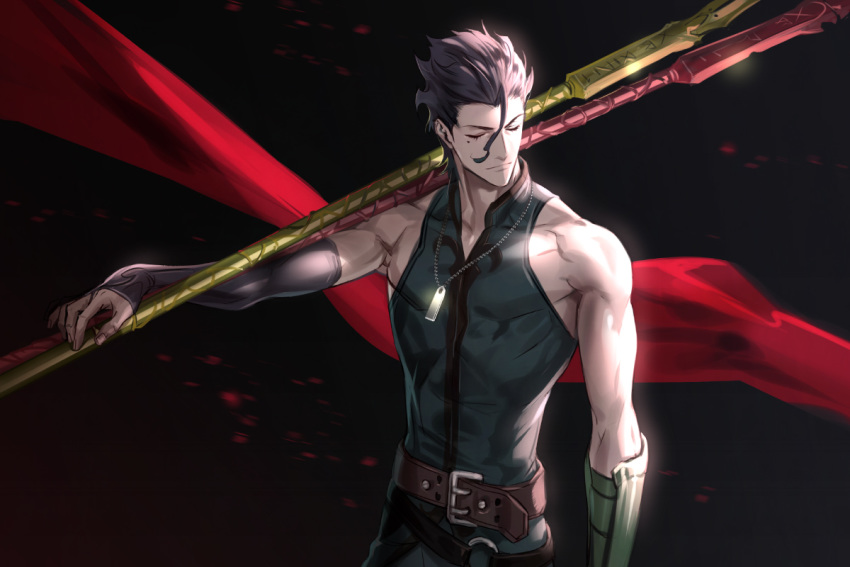 1boy banned_artist bare_shoulders belt black_hair blood blood_splatter chest closed_eyes cloth collarbone covered_abs diarmuid_ua_duibhne_(fate/grand_order) expressionless fate/grand_order fate/zero fate_(series) fingerless_gloves gae_buidhe gae_dearg gloves hair_between_eyes holding holding_weapon jewelry lancer_(fate/zero) light male_focus midori_fuu mole mole_under_eye necklace polearm revealing_clothes shiny shiny_hair simple_background solo spear tight upper_body weapon