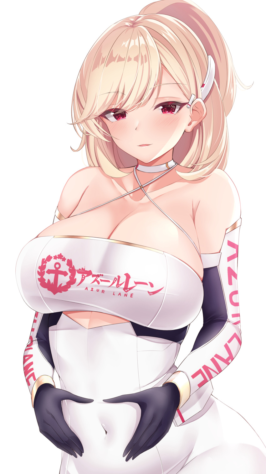 1girl absurdres azur_lane bangs bare_shoulders black_gloves black_sleeves blonde_hair blush breasts choker cleavage collarbone commentary_request covered_navel criss-cross_halter detached_sleeves eyebrows_visible_through_hair gloves hair_ornament halterneck hands_on_own_stomach highres large_breasts leotard long_hair looking_at_viewer nita_(tanita) parted_lips prince_of_wales_(azur_lane) prince_of_wales_(the_laureate's_victory_lap)_(azur_lane) race_queen red_eyes sidelocks simple_background smile solo swept_bangs upper_body white_background white_choker white_leotard