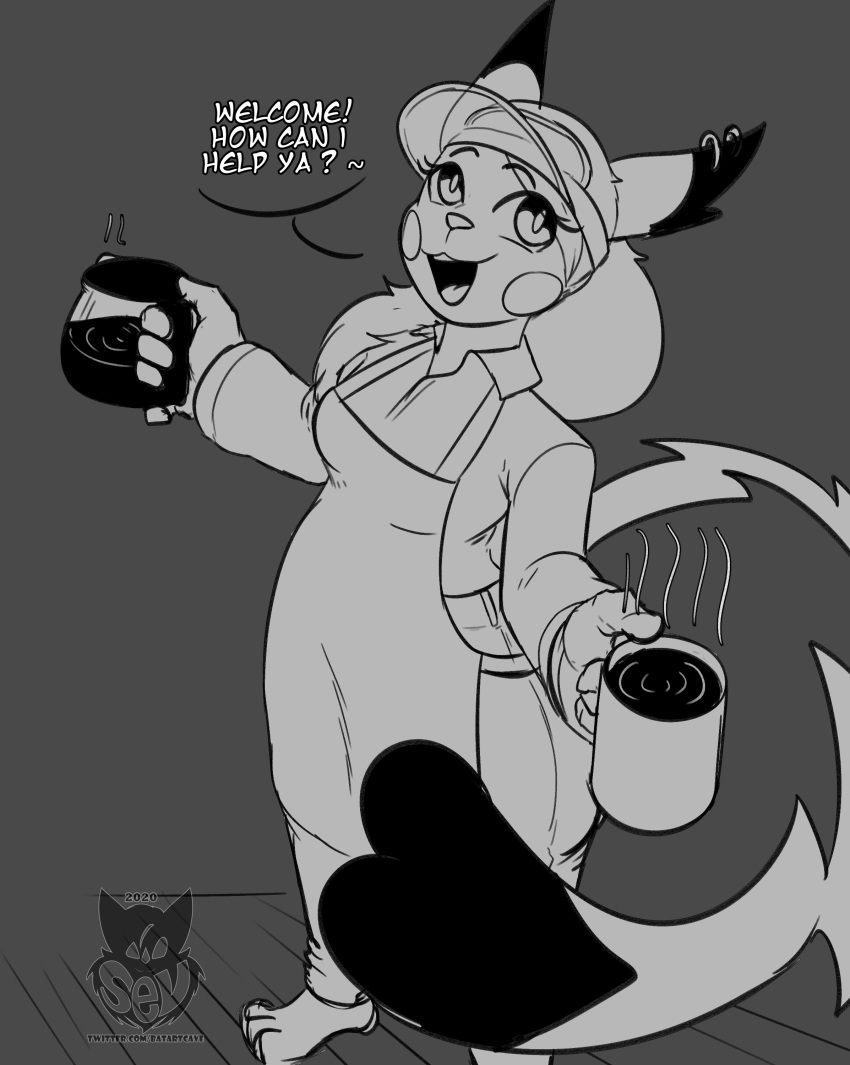 2020 absurd_res anthro apron barefoot batartcave bottomwear breasts cheek_spots clothed clothing coffee_mug dipstick_ears ear_piercing ear_ring english_text female fully_clothed hair hi_res holding_mug iris monochrome multicolored_ears nintendo open_mouth pants piercing pikachu pok&eacute;mon pok&eacute;mon_(species) pupils solo standing text tongue topwear url video_games watermark white_text