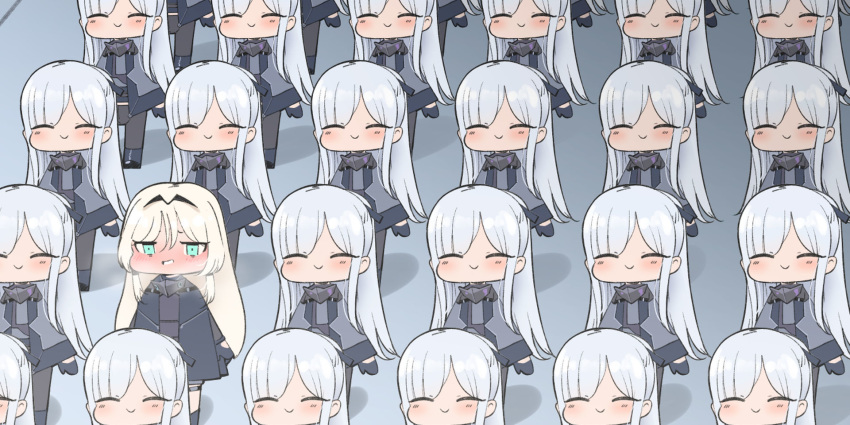 2girls ak-12_(girls_frontline) an-94_(girls_frontline) aqua_eyes bangs blush boca braid chibi closed_eyes french_braid girls_frontline gloves grey_background hair_between_eyes hair_ribbon headband highres long_hair mask multiple_girls open_mouth parted_bangs platinum_blonde_hair ribbon sidelocks silver_hair smile standing tactical_clothes very_long_hair