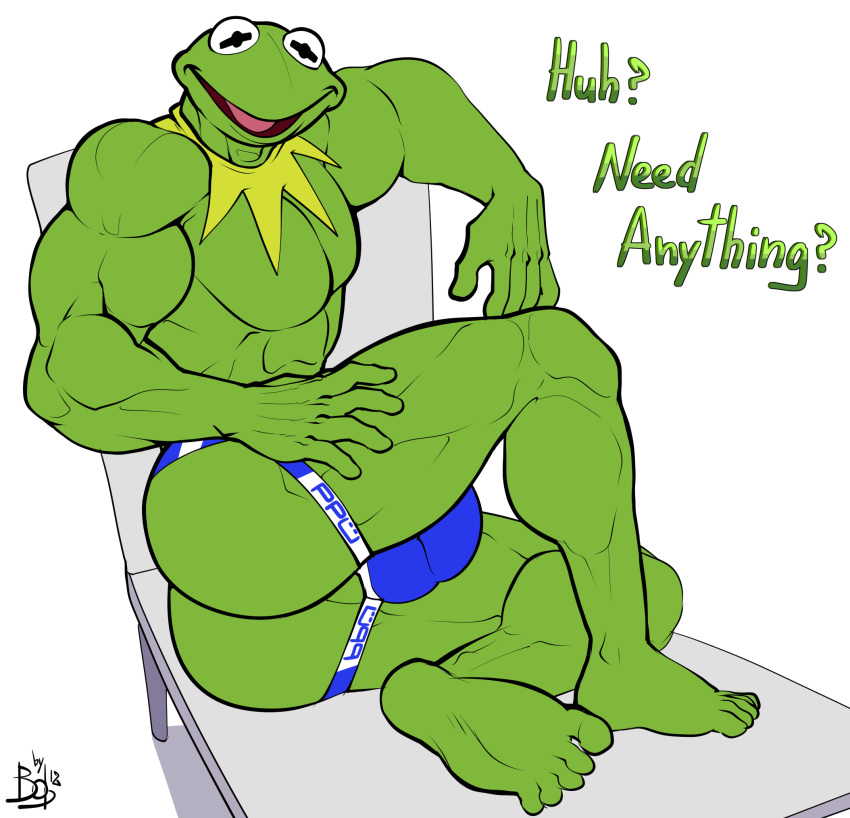 2018 abs amphibian anthro big_muscles black_eyes blue_clothing blue_underwear bobthetanuki bulge butt clothed clothing dialogue english_text frog genital_outline green_body green_skin hi_res jockstrap kermit_the_frog male muppets muscular muscular_anthro muscular_male open_mouth pecs penis_outline simple_background smile text topless underwear underwear_only white_background