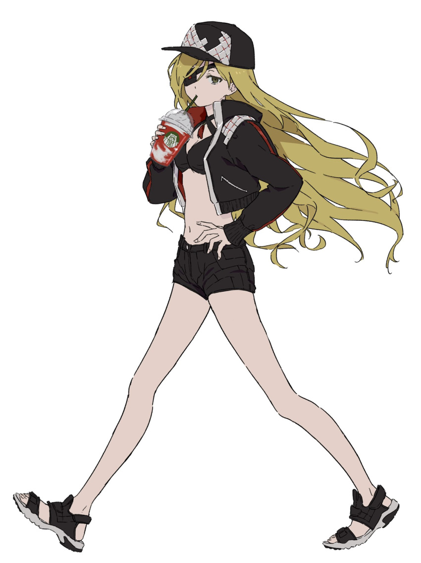1girl adapted_costume alternate_costume bangs baseball_cap bikini bikini_top black_bikini black_headwear black_jacket black_shorts blonde_hair breasts cropped_jacket cup drink drinking drinking_straw drinking_straw_in_mouth eyepatch frappuccino full_body green_eyes hand_on_hip hat highres holding holding_cup index jacket long_hair looking_at_viewer one_eye_covered open_clothes open_jacket othinus sandals short_shorts shorts simple_background small_breasts solo starbucks swimsuit teruya_(6w6y) to_aru_majutsu_no_index walking white_background