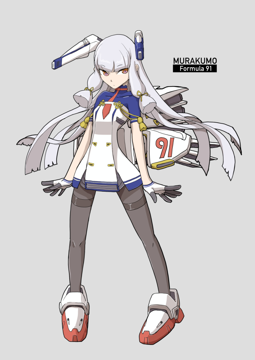 1girl adapted_costume alternate_costume bangs blunt_bangs boushi-ya crossover dress f91_gundam fusion gloves gundam gundam_f91 headgear highres kantai_collection long_hair murakumo_(kantai_collection) orange_eyes pantyhose remodel_(kantai_collection) sidelocks silver_hair solo strapless strapless_dress thighband_pantyhose very_long_hair