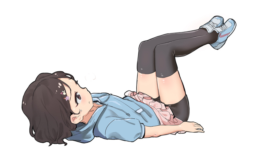 1girl bike_shorts black_hair black_legwear black_shorts blue_footwear blue_shirt full_body hair_ornament hairclip hood hoodie idolmaster idolmaster_cinderella_girls knees_up legs legs_up lying miniskirt o.m on_back pink_skirt sasaki_chie shirt shoes short_hair short_shorts short_sleeves shorts simple_background skirt sneakers solo thighhighs thighs white_background