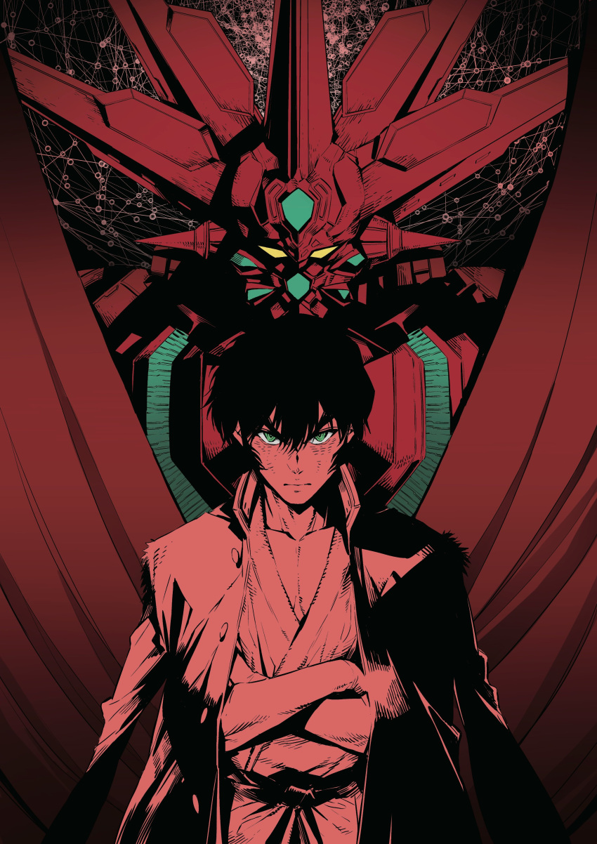 1boy absurdres closed_mouth contrast crossed_arms getter_robo green_eyes hair_between_eyes highres jacket jacket_on_shoulders male_focus mecha red_theme shimoguchi_tomohiro torn yellow_eyes