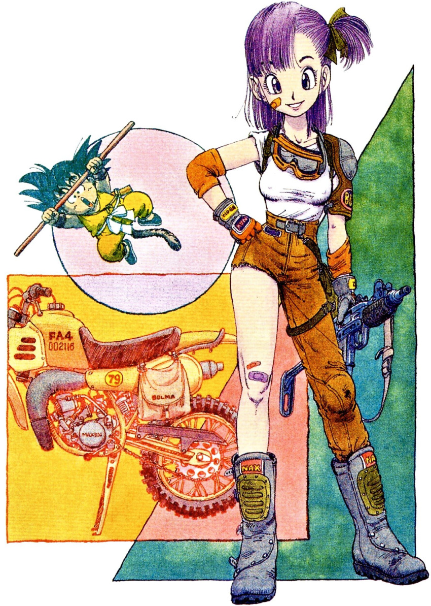 1boy 1girl :0 ankle_boots arm_at_side arms_up asymmetrical_legwear bag bandaid bandaid_on_cheek bandaid_on_face bandaid_on_knee bangs belt black_eyes black_hair black_ribbon blue_footwear boots breasts bulma character_name circle clenched_hand collarbone colorful commentary contrapposto covered_nipples denim dougi dragon_ball dragon_ball_(classic) dutch_angle elbow_sleeve eyebrows_visible_through_hair eyelashes fanny_pack floating full_body gloves goggles goggles_around_neck ground_vehicle gun hair_ribbon hand_on_hip happy head_tilt highres holding holding_gun holding_weapon jeans lips looking_at_viewer machine_gun medium_breasts monkey_tail motor_vehicle motorcycle multicolored multicolored_background nipples number nyoibo official_art open_clothes orange_gloves pants parted_lips purple_eyes purple_hair ribbon shirt shirt_tucked_in short_sleeves shoulder_pads side_ponytail simple_background smile son_gokuu spiked_hair square standing straight_hair swept_bangs tail teeth tongue toriyama_akira torn_clothes torn_jeans torn_legwear torn_pants triangle upper_teeth weapon white_background white_shirt wristband