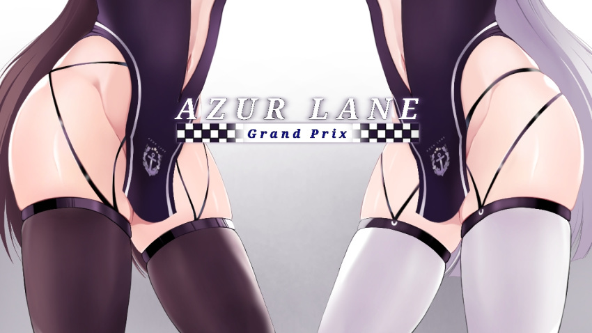 1girl aderi azur_lane bare_hips black_legwear brown_hair center_opening checkered clothes_writing contrapposto copyright_name gradient gradient_background grey_background groin lower_body navel race_queen revealing_clothes shoukaku_(azur_lane) shoukaku_(sororal_wings)_(azur_lane) silver_hair skindentation solo thighhighs white_legwear zuikaku_(azur_lane) zuikaku_(the_wind's_true_name)_(azur_lane)
