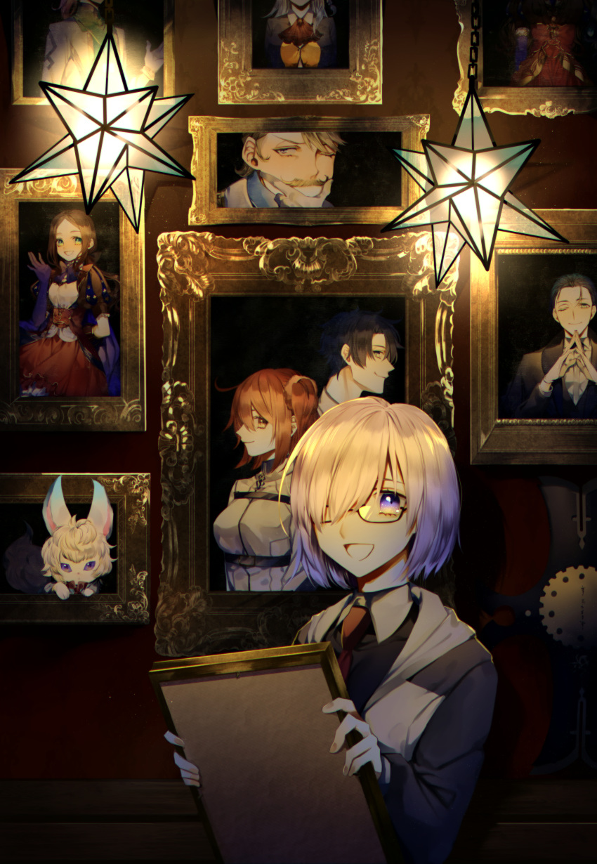 1girl absurdres ahoge albino_(a1b1n0623) bangs black_hair blonde_hair blue_eyes blue_gloves blush bow bowtie breasts brown_hair chaldea_uniform cravat creature facial_hair fate/grand_order fate_(series) forehead fou_(fate/grand_order) fujimaru_ritsuka_(female) fujimaru_ritsuka_(male) glasses gloves goldorf_musik hair_ornament hair_over_one_eye hair_scrunchie hands_together head_out_of_frame highres holding huge_filesize jacket labcoat leonardo_da_vinci_(fate/grand_order) leonardo_da_vinci_(rider)_(fate) light long_hair long_sleeves looking_at_viewer mash_kyrielight mustache necktie olga_marie_animusphere one_eye_closed one_side_up open_mouth orange_eyes orange_hair painting_(object) parted_bangs ponytail portrait puffy_sleeves purple_eyes purple_hair romani_archaman saint_quartz scrunchie sherlock_holmes_(fate/grand_order) shield shiny shiny_hair short_hair side_ponytail smile solo white_gloves