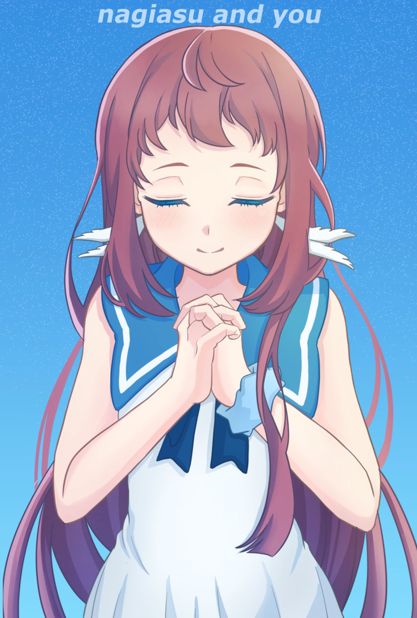 blue_background blue_sailor_collar blue_scrunchie brown_hair closed_eyes commentary cowboy_shot dress english_commentary facing_viewer gradient gradient_background hands_clasped highres long_hair mukaido_manaka nagi_no_asukara own_hands_together sailor_collar sailor_dress school_uniform scrunchie serafuku sleeveless sleeveless_dress smile tsukimiya_kanade white_dress wrist_scrunchie