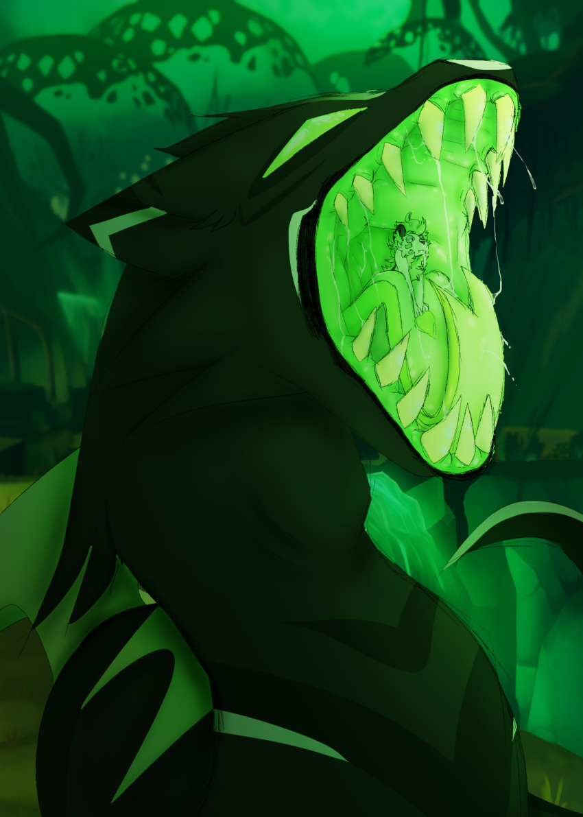 ambiguous_gender anthro bodily_fluids cylynix dragon duo female feral forest green_dragon green_forest hi_res hyaenid mammal oral_vore saliva tree vore waterfall
