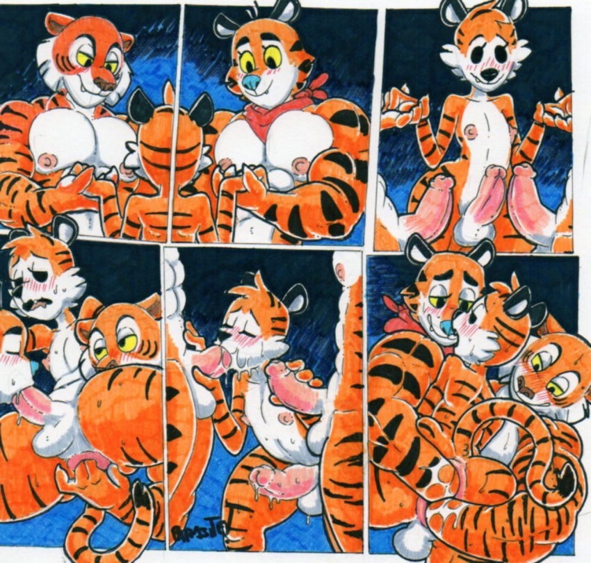 anal anal_fingering anal_fisting anthro balls calvin_and_hobbes double_fisting felid fellatio fingering fisting frosted_flakes genitals group group_sex hi_res hobbes kellogg's male male/male mammal mascot oral pantherine parasitedeath penile penis sex shere_khan threesome tiger tony_the_tiger
