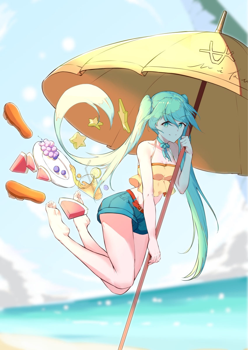 1girl absurdres alternate_costume aqua_eyes bangs barefoot blue_hair denim denim_shorts eyebrows_visible_through_hair floating_hair food fruit grapes hatsune_miku highres holding holding_umbrella jumping long_hair looking_to_the_side midriff neck_ribbon ribbon rzx0 sandals sandals_removed scenery shorts starfruit twintails umbrella vocaloid watermelon