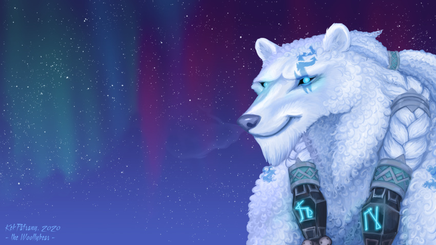 16:9 2020 anthro aurora_borealis braided_hair curly_fur fur glowing glowing_eyes glowing_runes hair hi_res kekpafrany league_of_legends male mammal night polar_bear riot_games sky solo ursid ursine video_games volibear volibear_(lol) white_body white_fur widescreen wool_(fur)