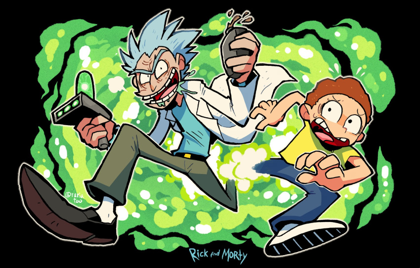 2boys belt blue_shirt brown_hair copyright_name flying_sweatdrops grey_hair highres holding labcoat male_focus morty_smith multiple_boys open_mouth pants rariatto_(ganguri) rick_and_morty rick_sanchez shirt sweat twitter_username yellow_shirt