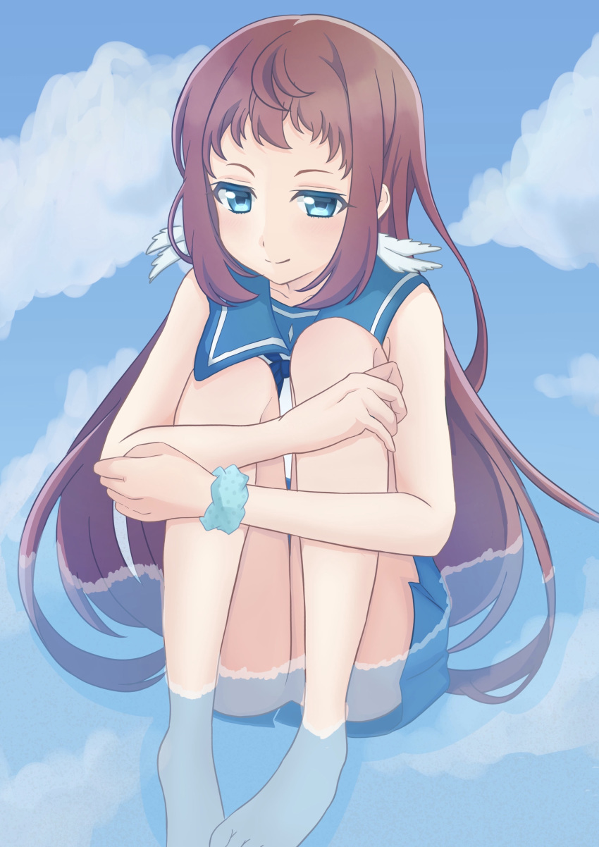 1girl absurdres blue_eyes blue_scrunchie brown_hair dress highres leg_hug long_hair looking_at_viewer mukaido_manaka nagi_no_asukara partially_submerged sailor_dress school_uniform scrunchie serafuku sitting sleeveless sleeveless_dress solo tsukimiya_kanade