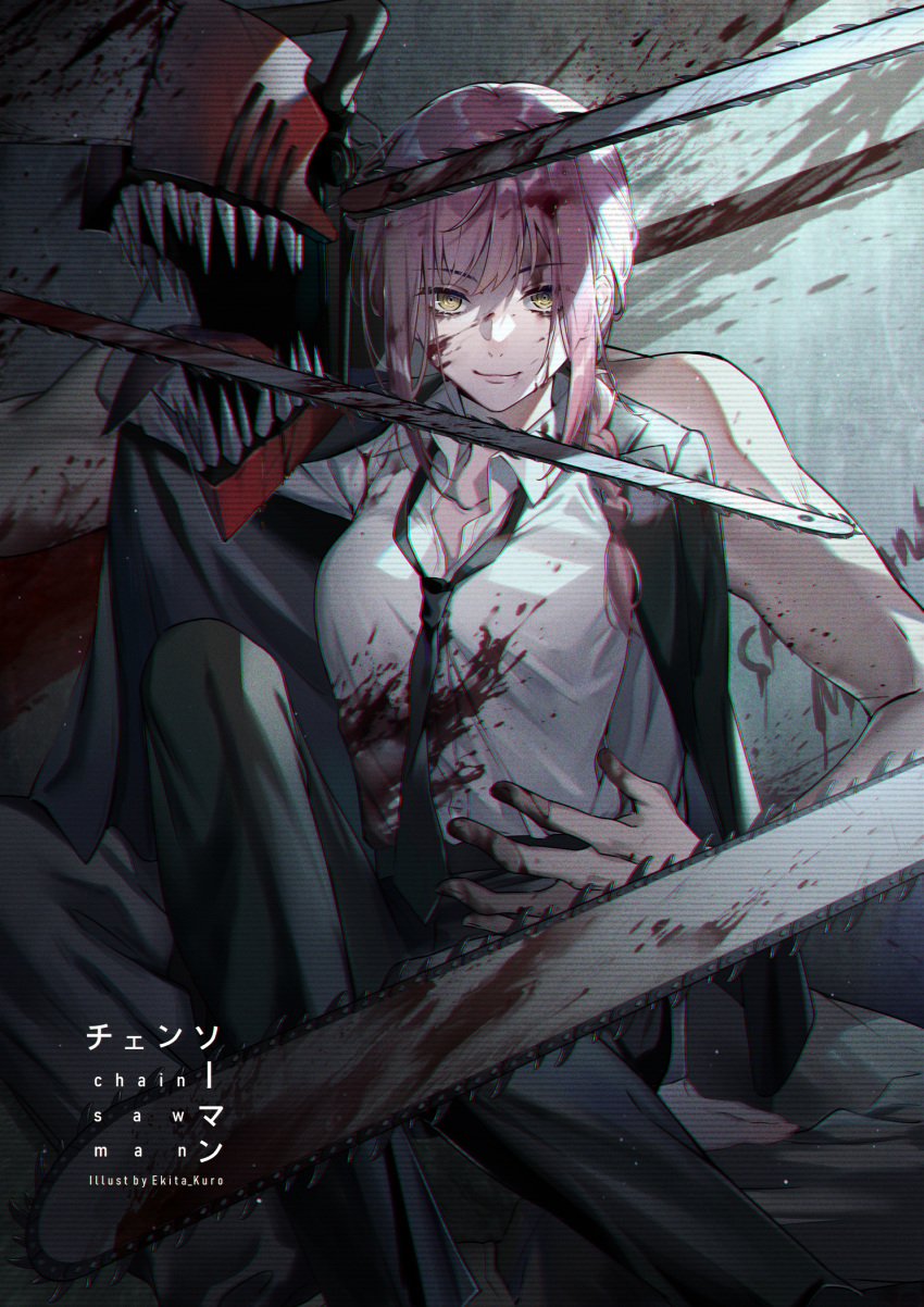 1boy 1girl bangs black_pants blood blood_on_face blood_on_wall blood_splatter blood_writing bloody_clothes bloody_hands bloody_tool bloody_weapon braid braided_ponytail breasts brown_hair business_suit chainsaw chainsaw_man collarbone collared_shirt couple demon_boy denji_(chainsaw_man) ekita_xuan eyebrows_visible_through_hair formal hetero highres hug hug_from_behind hybrid jacket_on_shoulders large_breasts licking licking_weapon light_smile long_hair long_sleeves long_tongue looking_at_viewer loose_clothes loose_necktie loose_shirt makima_(chainsaw_man) necktie open_collar open_mouth pants ringed_eyes shaded_face sharp_teeth shirt shirt_tucked_in sitting smile suit teeth tongue tongue_out transformation weapon white_shirt yellow_eyes