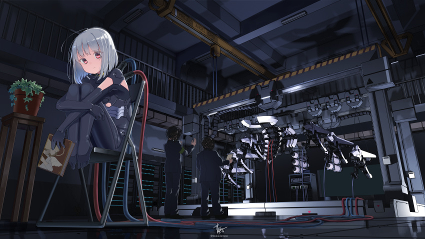 1girl 2boys absurdres armband bangs black_bodysuit black_jacket black_pants bodysuit book cable closed_mouth commentary_request eyebrows_visible_through_hair facing_away highres holding holding_book indoors jacket leg_hug legs_up looking_at_viewer makadamixa mecha_musume multiple_boys on_chair original pants plant potted_plant railing red_eyes signature silver_hair sitting solo_focus standing