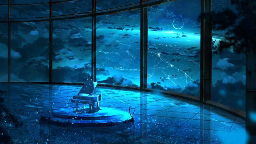 abisswalker8 aliasing instrument monochrome moon night original piano scenic sky