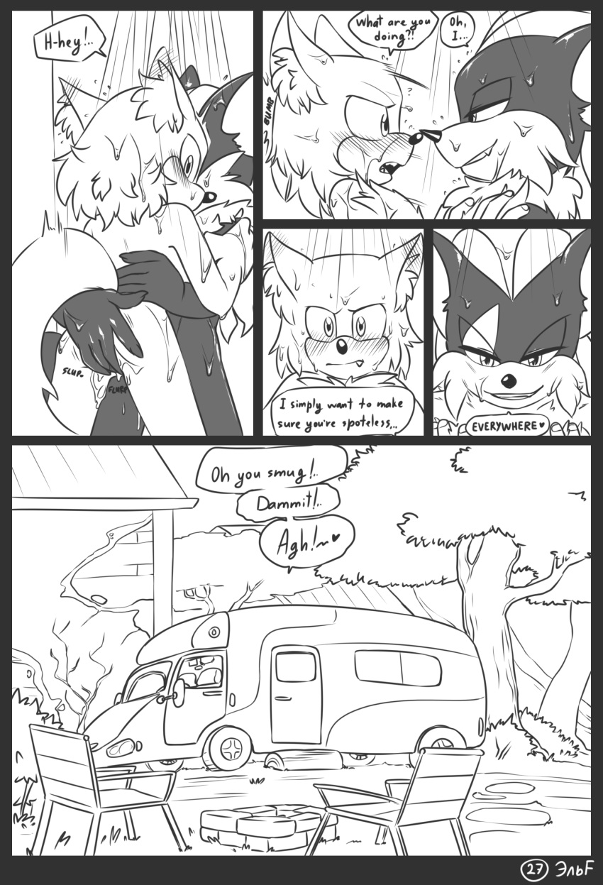 &lt;3 2020 anthro anthro_on_anthro black_and_white black_nose blush bodily_fluids butt butt_grab camper_van canid canine canis chest_tuft comic cum cum_from_ass cum_on_butt cum_on_leg custom_character_(sonic_forces) dialogue duo ear_tuft english_text eye_contact fangs forest gadget_the_wolf genital_fluids grin half-closed_eyes hand_on_butt hi_res infinite_(sonic) interspecies jackal krazyelf looking_at_another male male/male mammal monochrome motion_lines narrowed_eyes nose_horn nude onomatopoeia shower showering smile sonic_forces sonic_the_hedgehog_(series) sound_effects speech_bubble text tree tuft twitching wet wolf