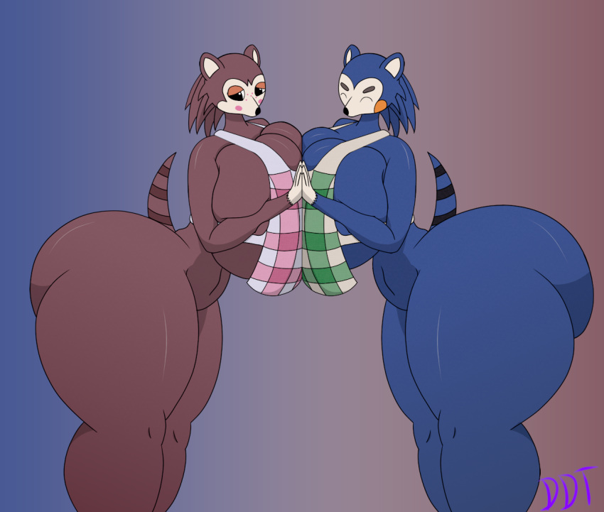 able_sisters animalcrossingnewhorizons anthro apron big_breasts big_butt blue_body breast_squish breasts brown_body butt clothing darkdraketom duo eulipotyphlan female hand_holding hedgehog huge_breasts huge_thighs legwear mammal simple_background spikes squish thick_thighs thigh_highs