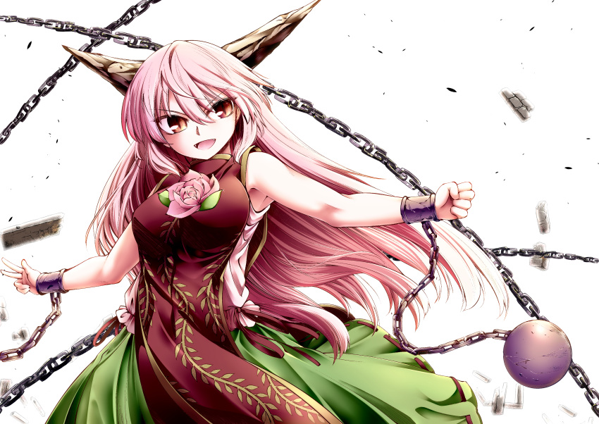 0-den 1girl absurdres armpit_peek arms_up ball_and_chain_restraint bare_arms breasts chain clenched_hand commentary_request cowboy_shot cuffs debris eyebrows_visible_through_hair fangs floating_hair flower furrowed_eyebrows green_skirt hair_between_eyes highres horns ibaraki_douji_(touhou) leaf_print long_hair looking_at_viewer medium_breasts open_mouth pink_flower pink_hair pink_rose pink_shirt red_eyes rose shackles shirt simple_background skirt sleeveless sleeveless_shirt slit_pupils solo sphere standing tabard touhou very_long_hair w white_background