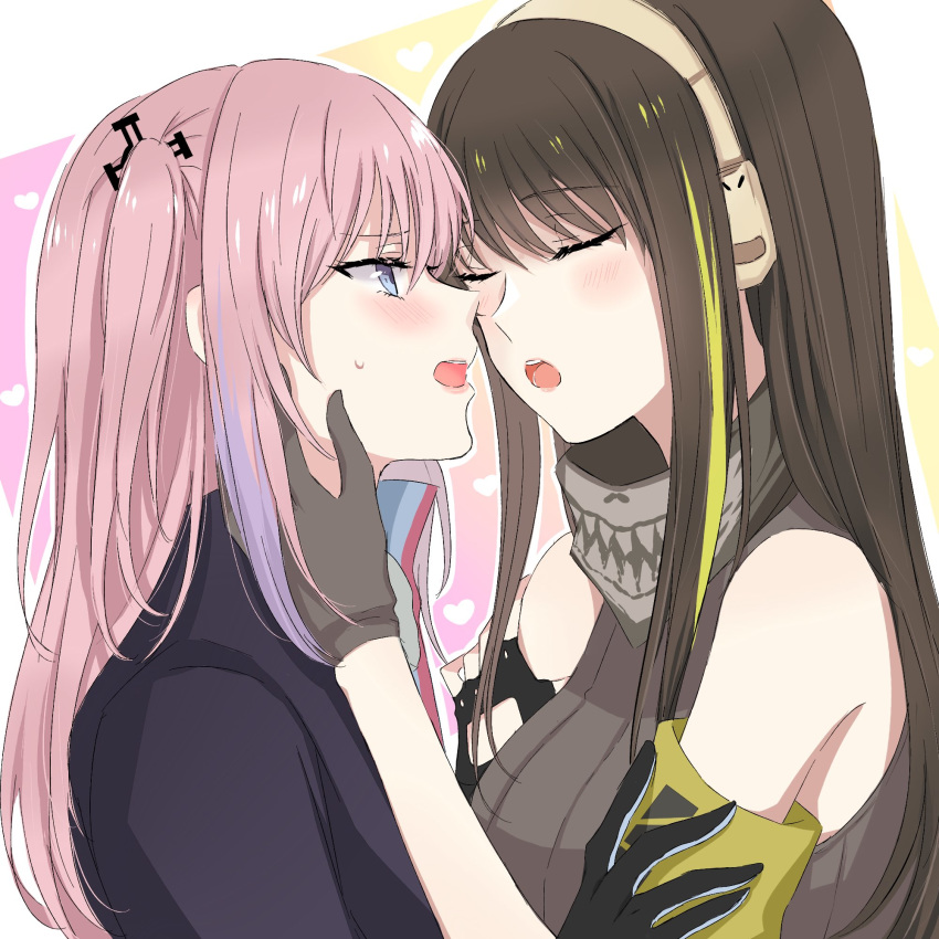 2girls armband asymmetrical_gloves bangs bare_shoulders black_gloves blue_eyes blush breasts brown_hair closed_eyes collar commentary_request eyebrows_visible_through_hair fingerless_gloves from_side girls_frontline gloves green_hair grey_gloves hair_between_eyes hair_ornament hand_on_another's_cheek hand_on_another's_face headphones heart highres holding holding_another's_arm imminent_kiss jacket lips long_hair looking_at_another m4a1_(girls_frontline) multicolored_hair multiple_girls open_mouth pink_hair purple_hair shirt side_ponytail sidelocks simple_background sleeveless sleeveless_shirt st_ar-15_(girls_frontline) streaked_hair sui_(camellia) sweat upper_body yuri