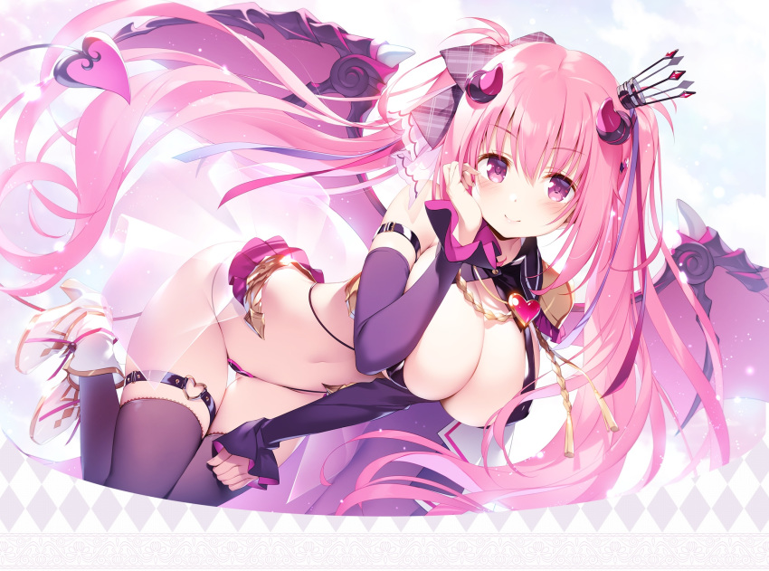 1girl anneliese black_legwear blush breasts crown demon_girl demon_horns demon_tail demon_wings detached_sleeves eyebrows_visible_through_hair hair_ribbon hand_on_own_face highres horns kimagure_temptation kimishima_ao large_breasts long_hair looking_at_viewer mini_crown official_art pink_eyes pink_hair ribbon smile solo tail thigh_strap thighhighs twintails wings