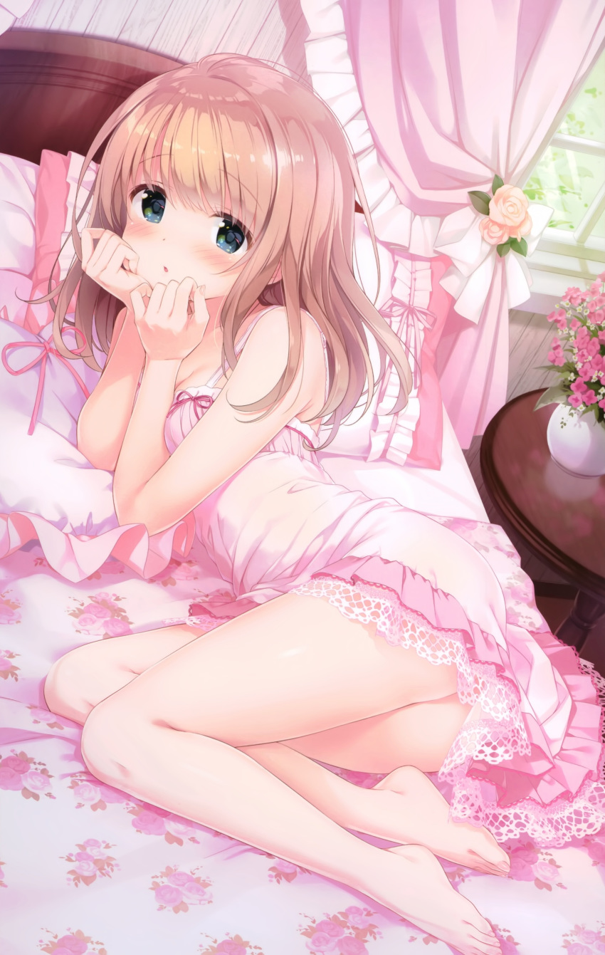 1girl :o absurdres aqua_eyes bare_legs barefoot bed bedroom blush eyebrows_visible_through_hair highres indoors kimishima_ao light_brown_hair long_hair looking_at_viewer lying nightgown on_bed on_side original pink_theme saijo_melia solo table window