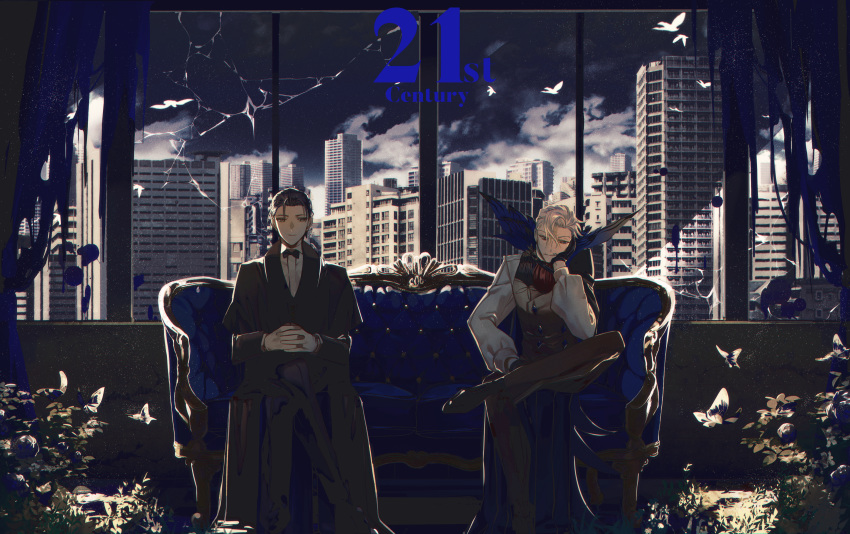 2boys absurdres albino_(a1b1n0623) bangs bird black_gloves black_hair blue_eyes bow bowtie broken_glass bug building butterfly cape city cloud cloudy_sky couch curtains elbow_rest english_text facial_hair fate/grand_order fate_(series) formal full_body glass gloves green_eyes grey_hair hair_slicked_back hand_on_own_face hands_clasped hands_together high_collar highres huge_filesize insect jacket james_moriarty_(fate/grand_order) leg_up long_sleeves looking_at_viewer male_focus multiple_boys mustache number own_hands_together pants parted_bangs plant sherlock_holmes_(fate/grand_order) shiny shiny_hair shoes sky smile vest