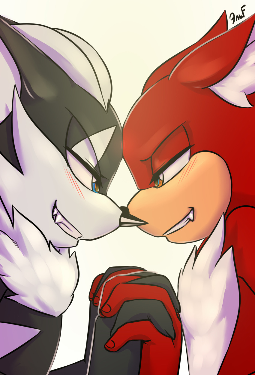 2020 anthro anthro_on_anthro black_body black_fur black_nose blue_eyes blush canid canine canis chest_tuft custom_character_(sonic_forces) duo ear_tuft eye_contact eye_reflection fangs fur gadget_the_wolf glistening glistening_eyes grin half-closed_eyes hand_holding hi_res infinite_(sonic) interlocked_fingers interspecies jackal krazyelf looking_at_another male male/male mammal narrowed_eyes nose_horn nude orange_eyes red_body red_fur reflection simple_background smile sonic_forces sonic_the_hedgehog_(series) striped_body striped_fur stripes tuft white_background white_body white_fur wolf